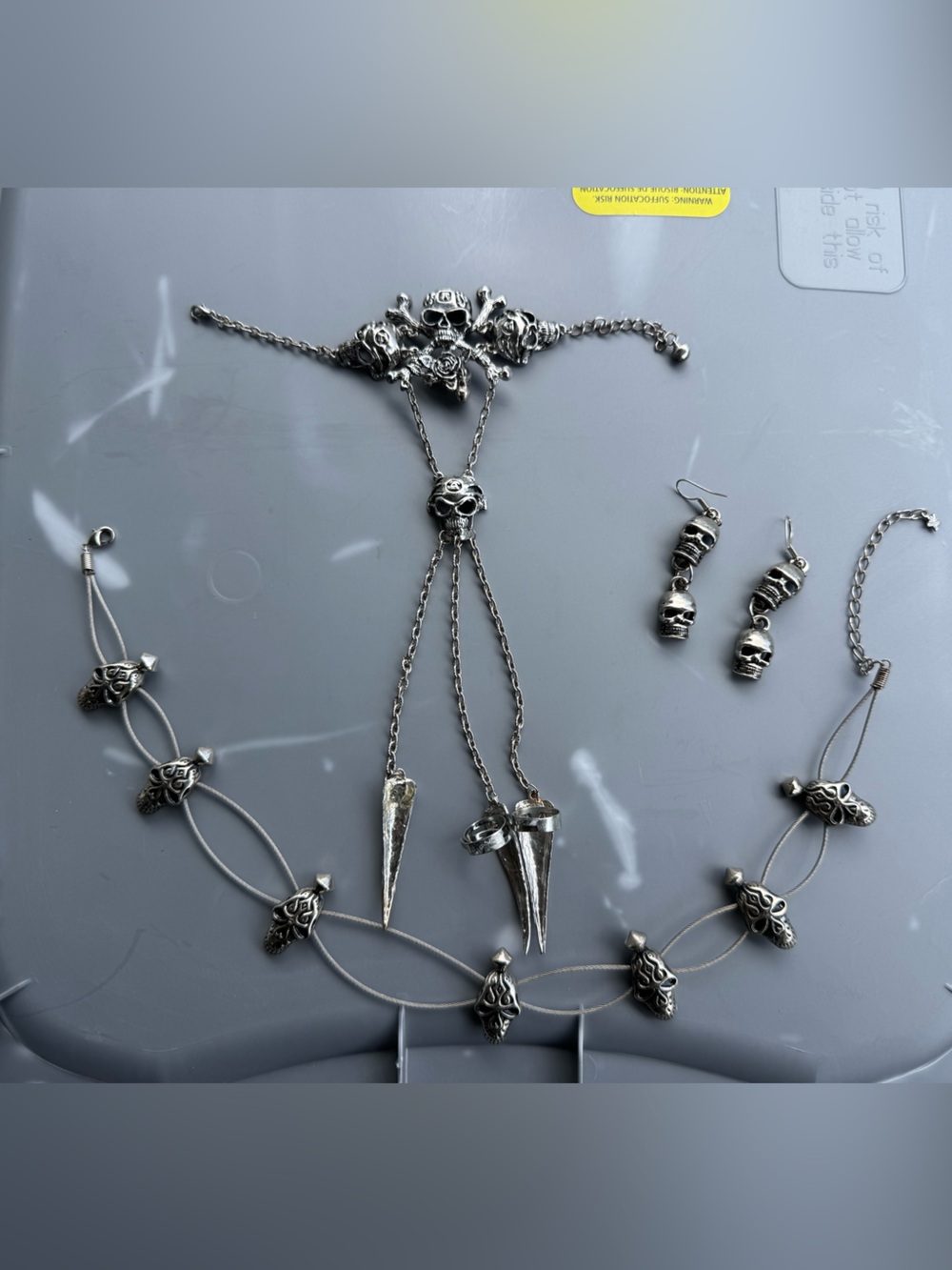 Silver Gothic Necklace. Earrings, and hand piece with Spike Accents -